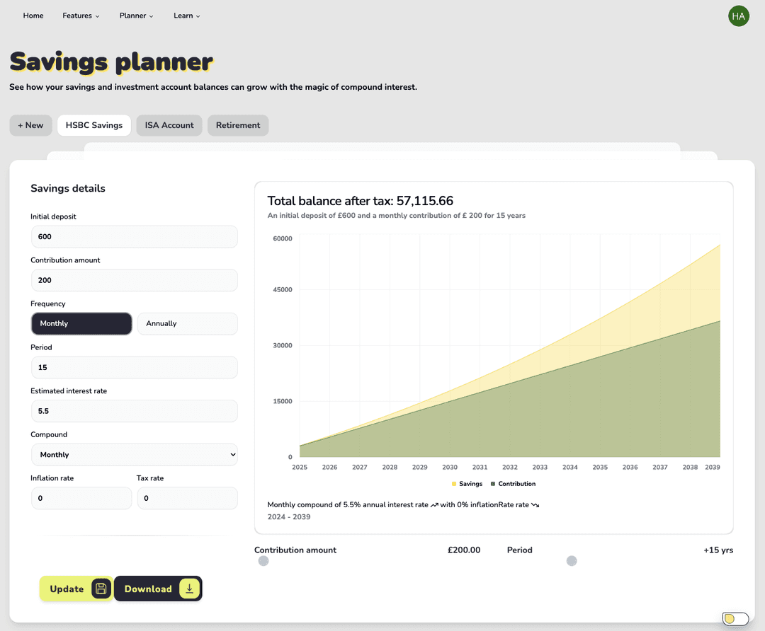 Savings planner screenshot